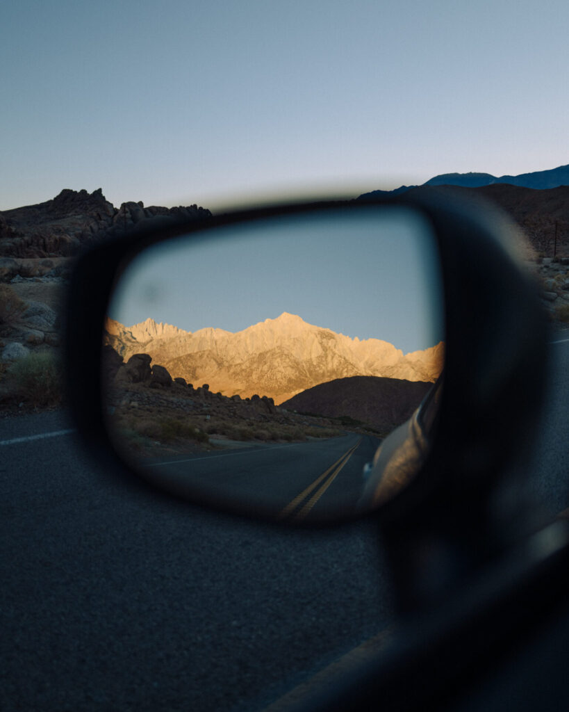 Mt. Whitney in a car side view mirror
